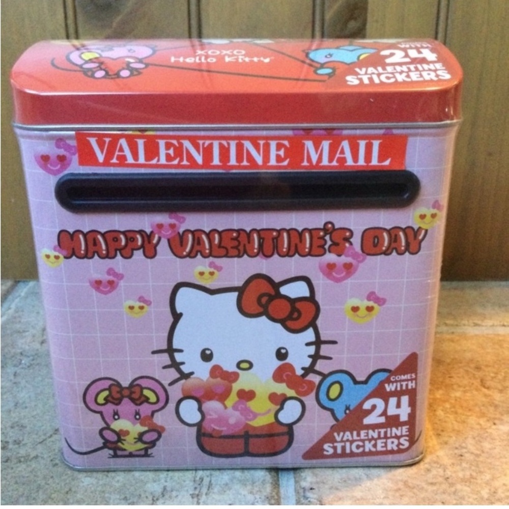 Valentine’s Day Hello Kitty Tin Mailbox Card Holder with 24 Stickers